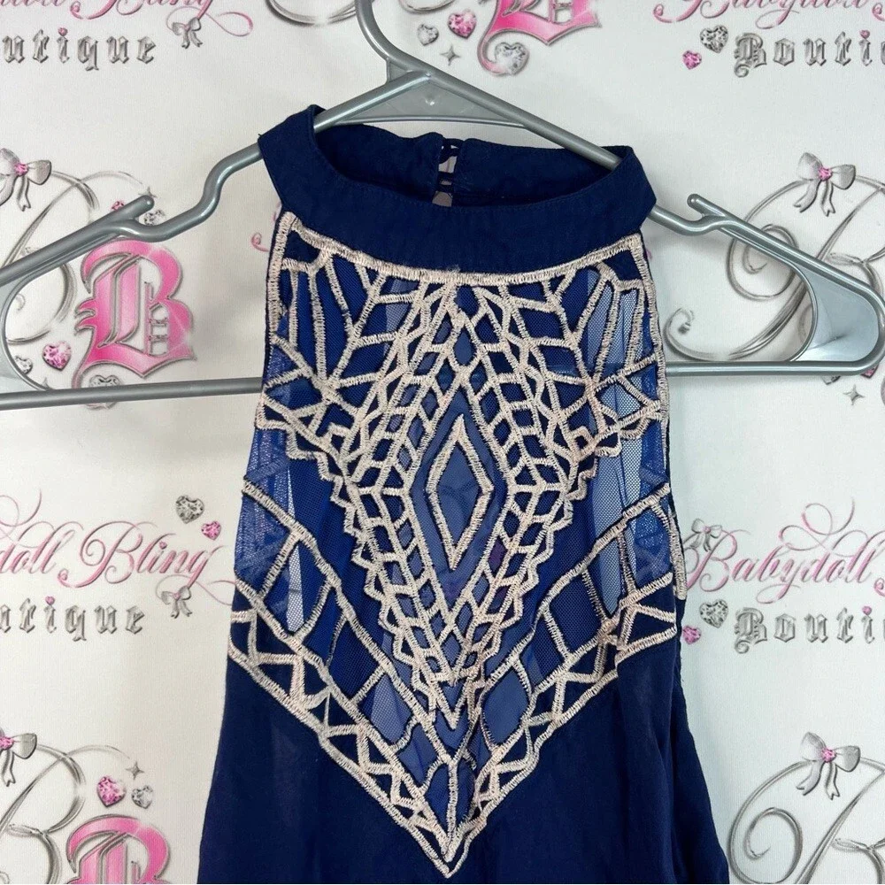 Free People tallow dress mock neck open back Navy and Beige Backless Dress - Picture 6 of 12